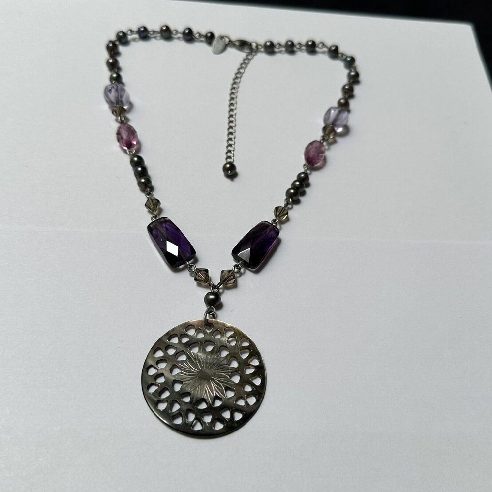 Women’s Signed Lia Sophia Purple Beaded & Shell Pendant Necklace Adjustable